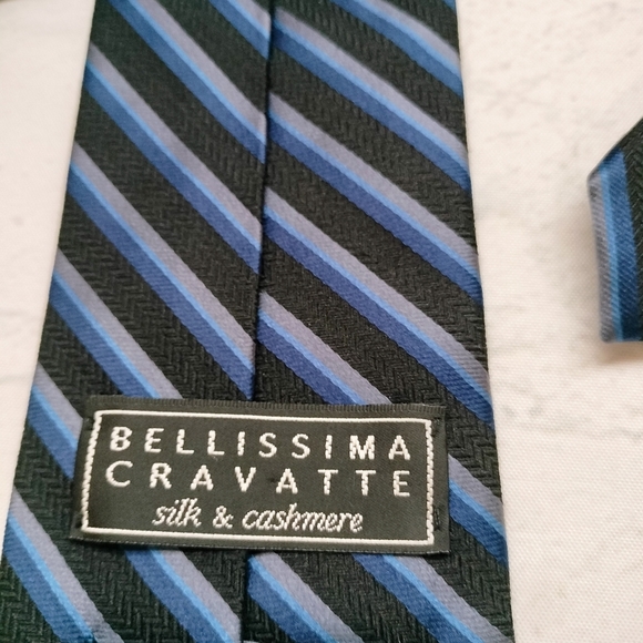 Bellissima Cravatte Rep Black Blue Striped Silk Cashmere Men’s Necktie Tie - Picture 5 of 10